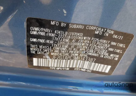 2021 Subaru Crosstrek Premium z USA, uszkodzony, nr VIN JF2GTAPC3MH343387